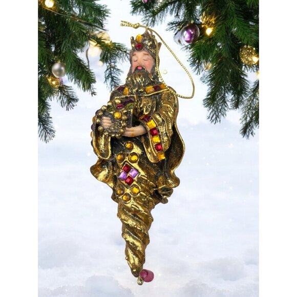 Vintage Nativity Wise Men Christmas Tree Ornament Gold Tone Jeweled King - Picture 1 of 8